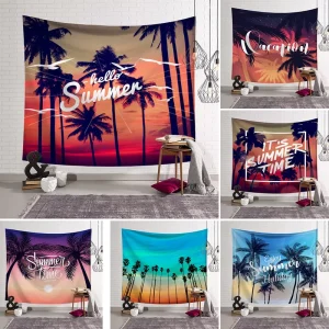 Polyester Fabric Sunshine Beach Palm Trees Nature Landscape Wall Tapestry