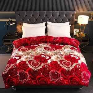 Polyester Flannel Modern 4 Piece Comforter Bed Skirt Set Warm Soft Floral Plant Printed Fall Winter Season for Living Room