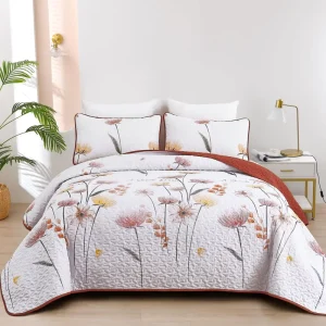Polyester Fresh Flower Digital Printed Pillowcase Bed Cover 3-Piece Set Soft Comfortable Skin Friendly Durable Quilted for Home