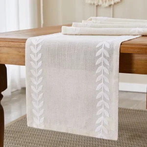 Polyester Linen Natural Table Runner Embroidered Leaves Custom Sizes Hemstitch Eco Friendly Wedding Party Home