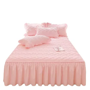 Polyester Padded Princess Style Three Piece Bed Skirt Set Anti Ugly Hem Brushed Lace Mattress Cover Solid Pattern 100TC Bedding