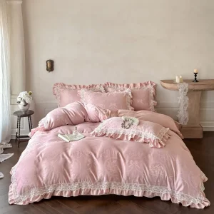 Polyester Silk Quilt Cover Bedding Set Satin Lace Duvet Cover 4 Piece Bed Sheet Luxury Quilt Cover Pillowcase for All Season