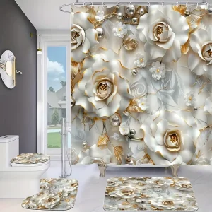 Polyester Silvery Rose Pearl Embossed Waterproof Shower Curtain Set Non Slip Mat Toilet Cover 12 Hooks for Modern Bathroom Decor