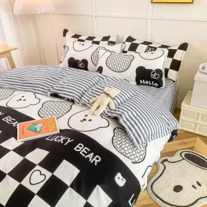 Polyester Washed Microfiber Bed Sheet Duvet Cover Pillowcase Cartoon Bed Linen Cartoon Printed 4 Pcs Bedding Set