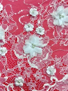 Polyester White Heavy 3D Floral Beaded Allover Small Floral Embroidered Lace Fabric for Wedding Dresses and Bridal Gowns