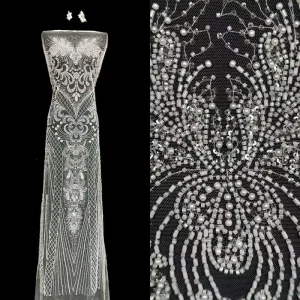 Polyester White Heavy Sequined and Beaded Allover Abstract Embroidered Lace Fabric for Wedding Dresses and Bridal Gowns