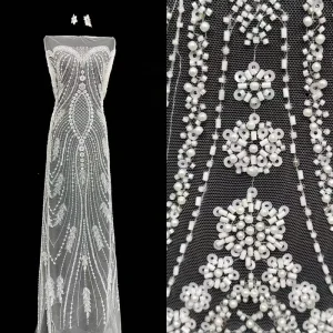 Polyester White Heavy Sequined and Beaded Allover Botanical Embroidered Lace Fabric for Wedding Dresses and Bridal Gowns