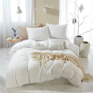 Pom Pom Duvet Cover Queen Size 3 Piece Bohemian Farmhouse Microfiber Comforter Cover Set Soft and Lightweight Quilt Cover