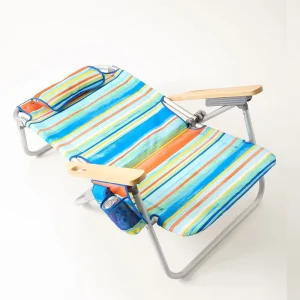 Portable 5 Position Reclining Lay Flat Wooden Armrest Foldable Sea Low Beach Lounge Chair with Cooler Bag Cup Holer