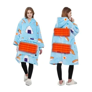 Portable Quilted Warm Flannel Sherpa Fleece Printed Plush Heated Electric Hoodie Blanket Hood Sleeves Wearable Four