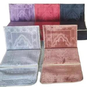 Portable Thick Prayer Mat for Pilgrimage Foldable Muslim Carpet with Embossed Backrest Plain Design Area Rug Set Gift Option
