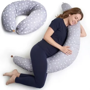 Pregnancy Pillow & Nursing Pillow 2 in 1 Design with a 100% Cotton Cover Machine Washable Grey with White Stars