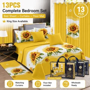 Premium 13 Piece King Size Printed Deep Pokcet Bed Sheet Sets Bedding Sets with Matching Curtains Juego De Sabanas