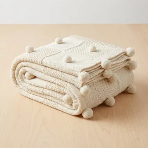 Premium 3D Pom Pom Baby Swaddle Blanket Cream White Knitted Receiving Blankets Cozy Decor Crib Throw for Infant Toddler