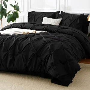 Premium Black Queen Comforter Set 7 PCS 100% Polyester Geometric Pattern Modern Style Pinch Pleat Breathable All-Season Bedding