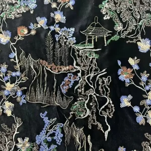 Premium Chinese Pavilion Landscape Sequin Embroidery Fabric Artistic Heavy Mesh Lace for High-end Fashion Gown