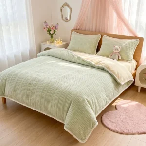 Premium Double Sided Coral Fleece Bedding Set Knitted Texture Soft Warm Flannel Duvet Cover Set for Winter Bedroom Use