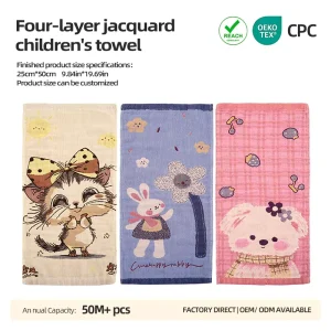 Premium Eco Friendly Square 4 Layer Washed Cotton Baby Toddler Face Hand Towel Jacquard Cute Animal Quick Dry Children Towels