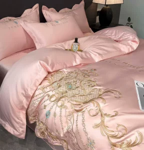 Premium European Luxury Embroidery Ice Silk Cotton 4Pcs Bedding Set Soft Glossy Home Bedroom Wedding Bed Sheet Set