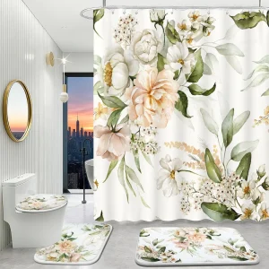 Premium Flower High Absorbent Non Slip Waterproof Polyester Bath Mat and Shower Curtain Set with 12pcs Hooks