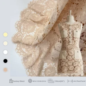 Premium French Eyelash Lace Fabric 150cm Width Cotton Blend Vintage Champagne Chantilly Lace Fabric for Dress