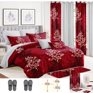 Premium Home Textile Red Plant Printing Duvet Cover Bedsheet ODM OEM Polyester Bedding Curtain Slippers Shower Mat Bedspread Set