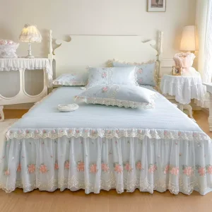 Premium Ice Silk Cooling Bedding Set 4 Piece with Bed Skirt Summer Quilt Breathable Comforter