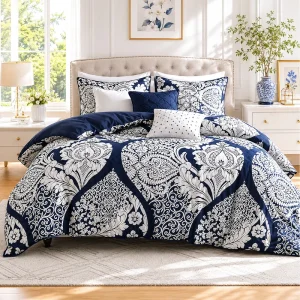 Premium Indigo Sateen Cotton 5Pcs Comforter Set Breathable All Season Printed Bedding Set With Matching Shams for Home Bedroom