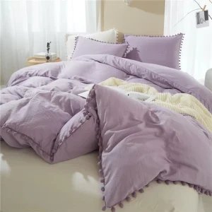 Premium Light Luxury Woven 100% Polyester Eco Friendly Pom Pom Fringe Duvet Cover Set 3 Piece Soft Breathable Washed