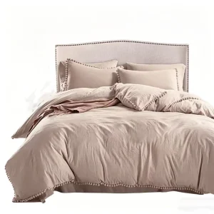 Premium Pom Pom Fringe Duvet Cover Set 3 Piece Soft Breathable Washed Microfiber Bedding Durable Fade Resistant