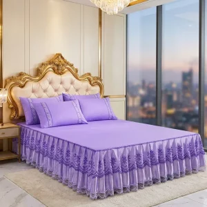 Premium Purple Lace Bed Skirt 3Pcs Set Elegant Ruffle Bed Cover Bedding for Middle East Iraq Bedroom