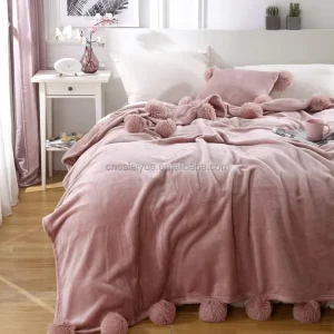Premium Quality Long Plush Warm Winter Faux Fur Fluffy Fleece Pompom Blanket Bed Raschel Blanket