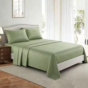 Premium Sage Green Stripe Sheet Set 4 Piece Silky Soft Cooling Bed Linens Deep Pocket Durable Fitted Sheet Set