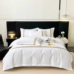 Premium Satin Ribbon Embroidered Polyester All-Season Bedding Set 4pcs Luxe Guest-Loved White Woven for Home or Hotel Use