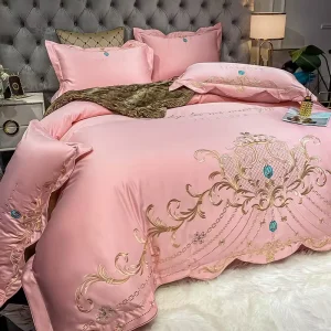 Premium Silky Satin Embroidered Luxury Bedding Set European Vintage Palace Style Wedding Bed Linen Set