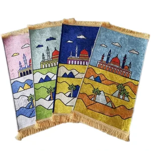 Premium Sky Blue Polyester Non Slip Prayer Rug Soft Fleece Geometric Design Machine Washable Portable Muslim Islamic Home