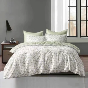 Premium Ultra Soft Eco Friendly Light Green Tiny Floral Reversible Microfiber Zipper Closure Corner Ties Duvet Cover Bedding Set