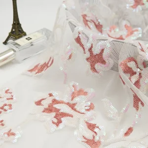 Premium White Mesh with Pink Floral Sequin Embroidery for Wedding Decoration & Party Wear