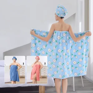 Premium Woven Coral Velvet Eco Friendly 2 in 1 Bath Towel Set Hair Drying Cap Bath Skirt Highly Water Absorbent