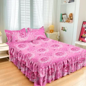 Princess Bed Skirt Set Skin Friendly Lace Non Slip for Full Queen King Sizes Includes Fitted Bed 2 Pillowcases for Bedroom Use