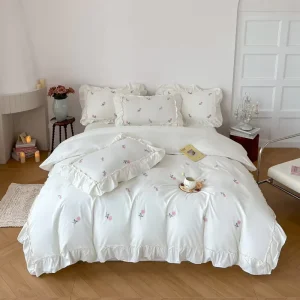 Princess Style All-Season Washed Cotton Woven Solid Girly Bedding Set Home Duvet Cover Bed Sheet Set