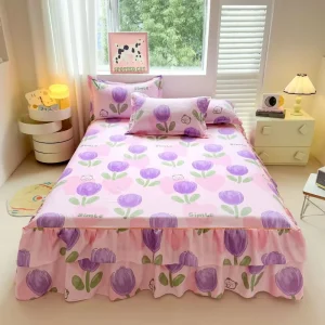 Princess Style Anti slip Bed Cover Set Three piece Bed Skirt Type with Ruffles Bed Cover