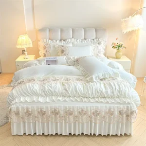 Princess Style Grade Washed Cotton Samia Bed Skirt Four Piece Set Floral Pattern Duvet Cover Gifting Durable