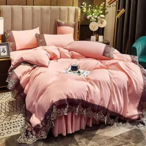 Princess Style Solid Color European Lace Bed Skirt Four Piece Set