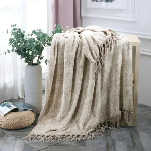 Print Luxury Raschel Blanket Chenille Tassels Woven Flannel Fleece in Beige for Winter Comfort