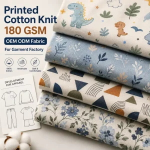Printed 180GSM 100% Cotton Knit Fabric Custom Design Material for OEM ODM Garment Factory Supplier Apparel Bulk Supply