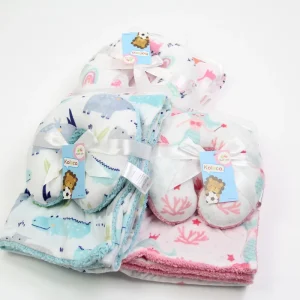 Printed Air conditioning Short Plush Lambskin Baby Double Blanket with U Pillow