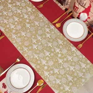 Printed Christmas Tree Snowflake Square Table Runner Gold Linen Style for Holiday Dining Decor