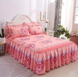 Printed Colorful Lace Bed Skirt With Pillowcases 3pcs Mattress Protector Cover Twin Queen King Size Bed Sheets
