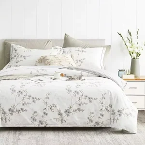 Printed Comforter Set 3PC Elegant Gray Flowers and Taupe Branches Gray Striped Back Home Textile Bedding Set